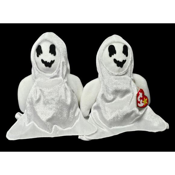 TY Beanie Babies Collection Sheets Hooded Ghost Halloween Pair Beanbag Plush - Picture 1 of 15